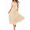 image:imagePRETTYGARDEN Womens Summer Dresses 2026 Boho Maxi Wedding Guest Smocked Square Neck Spring Short Sleeve Swiss Dot Long DressBeige