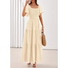 image:imagePRETTYGARDEN Womens Summer Dresses 2026 Boho Maxi Wedding Guest Smocked Square Neck Spring Short Sleeve Swiss Dot Long DressBeige
