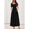 image:imagePRETTYGARDEN Womens Summer Dresses 2026 Boho Maxi Wedding Guest Smocked Square Neck Spring Short Sleeve Swiss Dot Long DressBlack