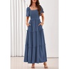 image:imagePRETTYGARDEN Womens Summer Dresses 2026 Boho Maxi Wedding Guest Smocked Square Neck Spring Short Sleeve Swiss Dot Long DressDark Blue