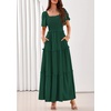 image:imagePRETTYGARDEN Womens Summer Dresses 2026 Boho Maxi Wedding Guest Smocked Square Neck Spring Short Sleeve Swiss Dot Long DressDark Green