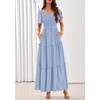 image:imagePRETTYGARDEN Womens Summer Dresses 2026 Boho Maxi Wedding Guest Smocked Square Neck Spring Short Sleeve Swiss Dot Long DressLight Blue