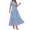 image:imagePRETTYGARDEN Womens Summer Dresses 2026 Boho Maxi Wedding Guest Smocked Square Neck Spring Short Sleeve Swiss Dot Long DressLight Blue
