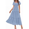 image:imagePRETTYGARDEN Womens Summer Dresses 2026 Boho Maxi Wedding Guest Smocked Square Neck Spring Short Sleeve Swiss Dot Long DressLight Blue