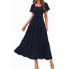 image:imagePRETTYGARDEN Womens Summer Dresses 2026 Boho Maxi Wedding Guest Smocked Square Neck Spring Short Sleeve Swiss Dot Long DressNavy Blue