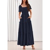 image:imagePRETTYGARDEN Womens Summer Dresses 2026 Boho Maxi Wedding Guest Smocked Square Neck Spring Short Sleeve Swiss Dot Long DressNavy Blue