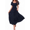 image:imagePRETTYGARDEN Womens Summer Dresses 2026 Boho Maxi Wedding Guest Smocked Square Neck Spring Short Sleeve Swiss Dot Long DressNavy Blue