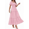 image:imagePRETTYGARDEN Womens Summer Dresses 2026 Boho Maxi Wedding Guest Smocked Square Neck Spring Short Sleeve Swiss Dot Long DressPink