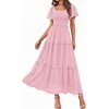 image:imagePRETTYGARDEN Womens Summer Dresses 2026 Boho Maxi Wedding Guest Smocked Square Neck Spring Short Sleeve Swiss Dot Long DressPink