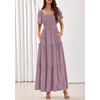 image:imagePRETTYGARDEN Womens Summer Dresses 2026 Boho Maxi Wedding Guest Smocked Square Neck Spring Short Sleeve Swiss Dot Long DressPurple
