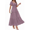 image:imagePRETTYGARDEN Womens Summer Dresses 2026 Boho Maxi Wedding Guest Smocked Square Neck Spring Short Sleeve Swiss Dot Long DressPurple