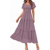image:imagePRETTYGARDEN Womens Summer Dresses 2026 Boho Maxi Wedding Guest Smocked Square Neck Spring Short Sleeve Swiss Dot Long DressPurple