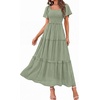 image:imagePRETTYGARDEN Womens Summer Dresses 2026 Boho Maxi Wedding Guest Smocked Square Neck Spring Short Sleeve Swiss Dot Long DressSage Green