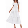 image:imagePRETTYGARDEN Womens Summer Dresses 2026 Boho Maxi Wedding Guest Smocked Square Neck Spring Short Sleeve Swiss Dot Long DressWhite