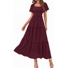 image:imagePRETTYGARDEN Womens Summer Dresses 2026 Boho Maxi Wedding Guest Smocked Square Neck Spring Short Sleeve Swiss Dot Long DressWine Red