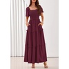 image:imagePRETTYGARDEN Womens Summer Dresses 2026 Boho Maxi Wedding Guest Smocked Square Neck Spring Short Sleeve Swiss Dot Long DressWine Red