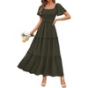 image:imagePRETTYGARDEN Womens Summer Dresses 2026 Boho Maxi Wedding Guest Smocked Square Neck Spring Short Sleeve Swiss Dot Long DressArmy Green