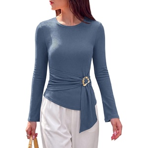 image:imagePRETTYGARDEN Long Sleeve Shirts for Women Asymmetricall Tops  Dressy Casual Blouses Slim Fit Waist Tie Ruched Top Soft Stretchy Going Out Work Office Outfit 2026 Fall Fashion ClothesGrey Blue