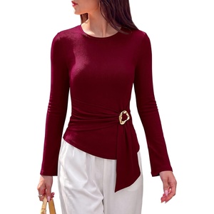 image:imagePRETTYGARDEN Long Sleeve Shirts for Women Asymmetricall Tops  Dressy Casual Blouses Slim Fit Waist Tie Ruched Top Soft Stretchy Going Out Work Office Outfit 2026 Fall Fashion ClothesBurgundy