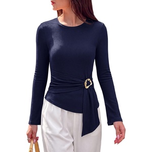 image:imagePRETTYGARDEN Long Sleeve Shirts for Women Asymmetricall Tops  Dressy Casual Blouses Slim Fit Waist Tie Ruched Top Soft Stretchy Going Out Work Office Outfit 2026 Fall Fashion ClothesNavy Blue