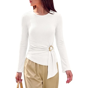 image:imagePRETTYGARDEN Long Sleeve Shirts for Women Asymmetricall Tops  Dressy Casual Blouses Slim Fit Waist Tie Ruched Top Soft Stretchy Going Out Work Office Outfit 2026 Fall Fashion ClothesWhite