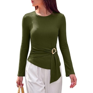 image:imagePRETTYGARDEN Long Sleeve Shirts for Women Asymmetricall Tops  Dressy Casual Blouses Slim Fit Waist Tie Ruched Top Soft Stretchy Going Out Work Office Outfit 2026 Fall Fashion ClothesArmy Green