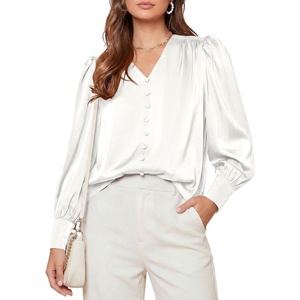 image:imagePRETTYGARDEN Satin Long Sleeve Womens Blouses Dressy Casual  Glossy Smooth Silk FabricLantern Sleeve Fall TopsDecorative Button PulloverV Neck ShirtsOffice Work Business OutfitsWhite