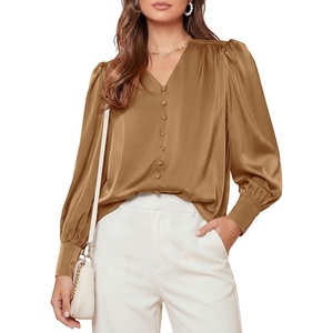 image:imagePRETTYGARDEN Satin Long Sleeve Womens Blouses Dressy Casual  Glossy Smooth Silk FabricLantern Sleeve Fall TopsDecorative Button PulloverV Neck ShirtsOffice Work Business OutfitsKhaki