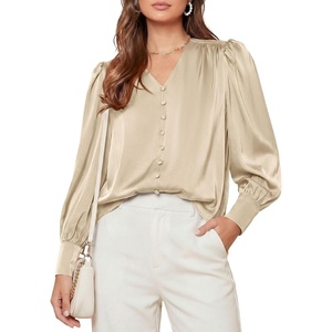 image:imagePRETTYGARDEN Satin Long Sleeve Womens Blouses Dressy Casual  Glossy Smooth Silk FabricLantern Sleeve Fall TopsDecorative Button PulloverV Neck ShirtsOffice Work Business OutfitsBeige