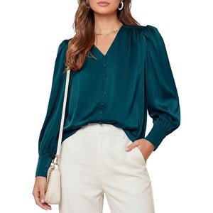image:imagePRETTYGARDEN Satin Long Sleeve Womens Blouses Dressy Casual  Glossy Smooth Silk FabricLantern Sleeve Fall TopsDecorative Button PulloverV Neck ShirtsOffice Work Business OutfitsDark Cyan