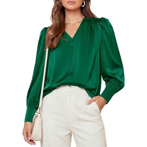 image:imagePRETTYGARDEN Satin Long Sleeve Womens Blouses Dressy Casual  Glossy Smooth Silk FabricLantern Sleeve Fall TopsDecorative Button PulloverV Neck ShirtsOffice Work Business OutfitsGreen