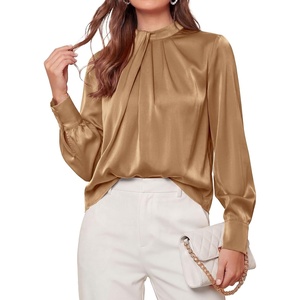 image:imagePRETTYGARDEN Satin Tops for Women Mock Neck Pleated Long Sleeve Shirts  Wrinkle Resistant Silky BlousesDressy Casual Fall ClothesVersatile Business Casual OufitsFashion ClothingKhaki