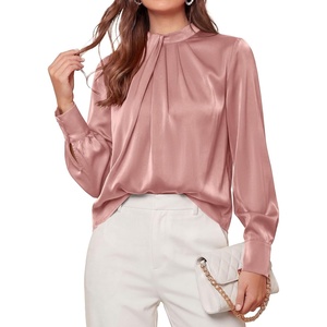 image:imagePRETTYGARDEN Satin Tops for Women Mock Neck Pleated Long Sleeve Shirts  Wrinkle Resistant Silky BlousesDressy Casual Fall ClothesVersatile Business Casual OufitsFashion ClothingPink