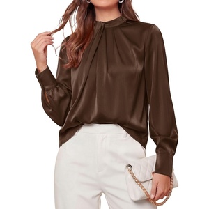 image:imagePRETTYGARDEN Satin Tops for Women Mock Neck Pleated Long Sleeve Shirts  Wrinkle Resistant Silky BlousesDressy Casual Fall ClothesVersatile Business Casual OufitsFashion ClothingBrown
