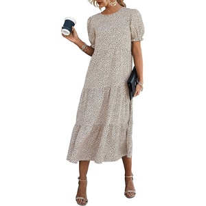 image:imagePRETTYGARDEN Summer Dresses for Women 2026 Casual Floral Boho Midi Sun Dress Puff Short Sleeve Flowy Beach Vacation SundressAPRICOT