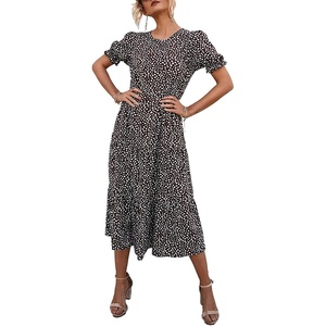 image:imagePRETTYGARDEN Summer Dresses for Women 2026 Casual Floral Boho Midi Sun Dress Puff Short Sleeve Flowy Beach Vacation SundressCoffee