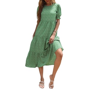 image:imagePRETTYGARDEN Summer Dresses for Women 2026 Casual Floral Boho Midi Sun Dress Puff Short Sleeve Flowy Beach Vacation SundressGreen