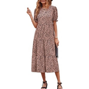 image:imagePRETTYGARDEN Summer Dresses for Women 2026 Casual Floral Boho Midi Sun Dress Puff Short Sleeve Flowy Beach Vacation SundressKhaki Black Leopard