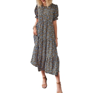 image:imagePRETTYGARDEN Summer Dresses for Women 2026 Casual Floral Boho Midi Sun Dress Puff Short Sleeve Flowy Beach Vacation SundressNavy Floral
