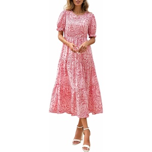 image:imagePRETTYGARDEN Summer Dresses for Women 2026 Casual Floral Boho Midi Sun Dress Puff Short Sleeve Flowy Beach Vacation SundressPink Red Floral