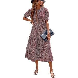 image:imagePRETTYGARDEN Summer Dresses for Women 2026 Casual Floral Boho Midi Sun Dress Puff Short Sleeve Flowy Beach Vacation SundressRed White