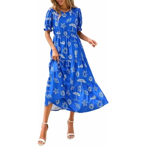 image:imagePRETTYGARDEN Summer Dresses for Women 2026 Casual Floral Boho Midi Sun Dress Puff Short Sleeve Flowy Beach Vacation SundressRoyal Blue White