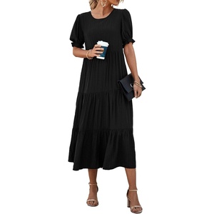 image:imagePRETTYGARDEN Summer Dresses for Women 2026 Casual Floral Boho Midi Sun Dress Puff Short Sleeve Flowy Beach Vacation SundressSolid Black