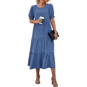 image:imagePRETTYGARDEN Summer Dresses for Women 2026 Casual Floral Boho Midi Sun Dress Puff Short Sleeve Flowy Beach Vacation SundressSolid Blue