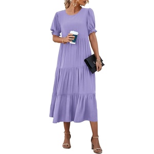 image:imagePRETTYGARDEN Summer Dresses for Women 2026 Casual Floral Boho Midi Sun Dress Puff Short Sleeve Flowy Beach Vacation SundressSolid Purple