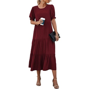 image:imagePRETTYGARDEN Summer Dresses for Women 2026 Casual Floral Boho Midi Sun Dress Puff Short Sleeve Flowy Beach Vacation SundressSolid Wine Red