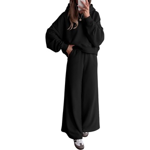 image:imagePRETTYGARDEN Women 2 Piece Hoodies Sweatpants Sweatsuits  Long Sleeve Oversized Hooded Sweatshirts Cotton Wide Leg Sweatpant With Pockets Fall Workout Sets Holiday Travel OutfitsBlack