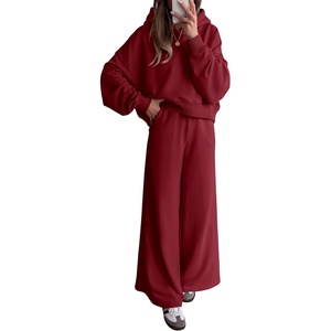 image:imagePRETTYGARDEN Women 2 Piece Hoodies Sweatpants Sweatsuits  Long Sleeve Oversized Hooded Sweatshirts Cotton Wide Leg Sweatpant With Pockets Fall Workout Sets Holiday Travel OutfitsBurgundy