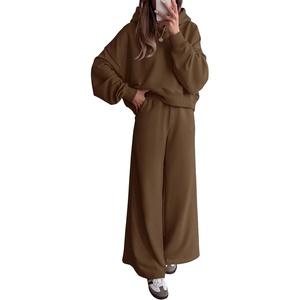 image:imagePRETTYGARDEN Women 2 Piece Hoodies Sweatpants Sweatsuits  Long Sleeve Oversized Hooded Sweatshirts Cotton Wide Leg Sweatpant With Pockets Fall Workout Sets Holiday Travel OutfitsBrown