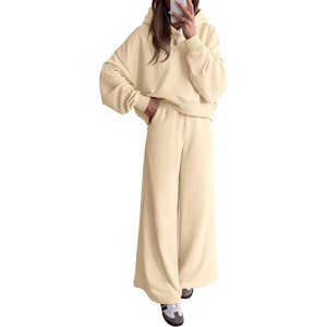 image:imagePRETTYGARDEN Women 2 Piece Hoodies Sweatpants Sweatsuits  Long Sleeve Oversized Hooded Sweatshirts Cotton Wide Leg Sweatpant With Pockets Fall Workout Sets Holiday Travel OutfitsBeige
